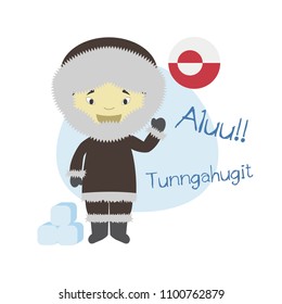 Vector illustration of cartoon character saying hello and welcome in Greenlandic or Inuktitut