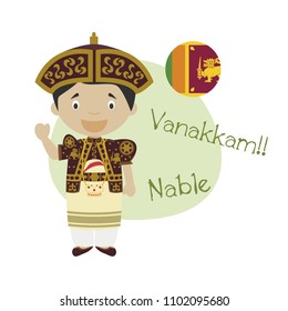 Vector illustration of cartoon character saying hello and welcome in Tamil