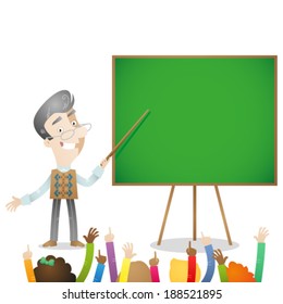 Vector illustration of a cartoon character: Senior kindergarten nursery school teacher pointing at board with children raising hands.