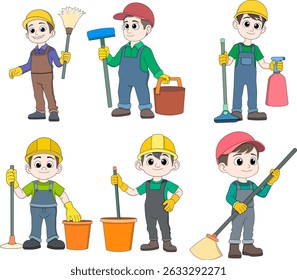 Vector illustration of a cartoon character set featuring cleaning workers wearing uniforms and safety helmets.
