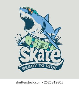 Vector illustration of cartoon character shark riding a skateboard and typography