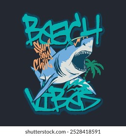 Vector illustration of cartoon character shark and graffiti typography