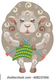 Vector illustration of a cartoon character sheep astringent on knitting needles. Cartoon character sheep needlewoman
