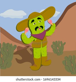 
Vector illustration: cartoon character singing cactus in the image of a cowboy on a background of mountains with maracas in his hands. Suitable for use in children's illustrations.