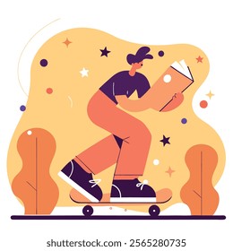 Vector illustration of a cartoon character skateboarding while reading a book outdoors. Perfect for children's books, websites, blogs, and educational materials related to skateboarding, 