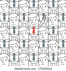 Vector illustration of a cartoon character: Smiling businessman showing victorious gesture while standing in a homogeneous crowd.