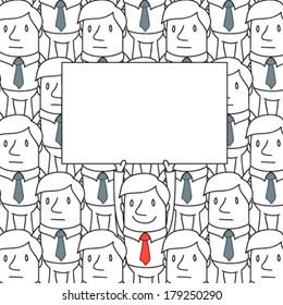 Vector illustration of a cartoon character: Smiling businessman holding up blank sign standing in a homogeneous crowd.