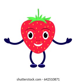 Vector illustration of a cartoon character smiling red strawberry. Isolated on white background. Funny fruit berry wild strawberry with eyes, legs and hands. Flat style.