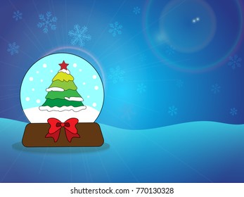 Vector and illustration of cartoon character snow globe on iceberg with snowflake and star bright sky background with flare light for winter, Christmas and new year concept