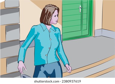 eine Vektorgrafik, eine Zeichentrickfigur, die vor ihrem Haus oder im Freien steht ( Draufsicht )