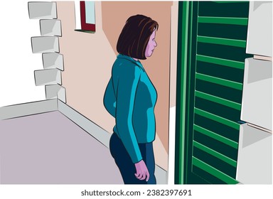 a vector illustration, a cartoon character standing in front of a door