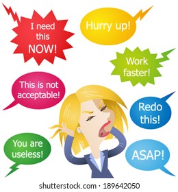 Vector illustration of a cartoon character: Stressed employee being hassled and yelled at.