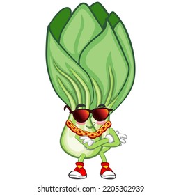 vector illustration of cartoon character of stylized lettuce bok choy with sunglasses and gold chain necklace