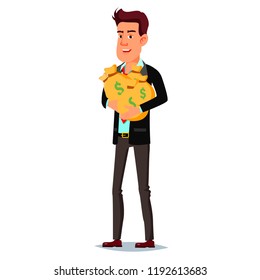 Vector illustration of a cartoon character of a successful businessman holding many bags of money in his hands