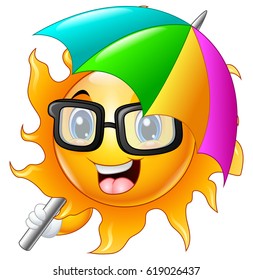 vector illustration of Cartoon Character of sun in sunglasses with umbrella