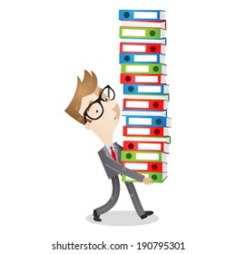 Vector illustration of a cartoon character: Tired and sleepy businessman carrying pile of binders and paperwork.