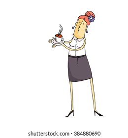 Vector illustration  cartoon character,   cartoon waitress with Cup of coffee   , design web sites, promotional products, printed materials, business presentations, computer games, etc.