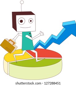 A vector illustration of cartoon character walking on a pie chart