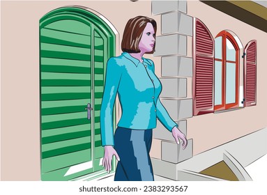a vector illustration, a cartoon character walking in front of her house or outdoor 