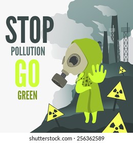 Vector Illustration, cartoon character wearing gas mask demands to stop environmental pollution.