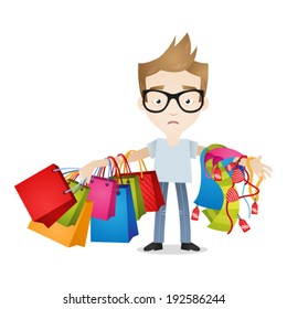 Vector Illustration Of A Cartoon Character: Weary And Tired Looking Man Holding Lots Of Shopping Bags And Women's Clothes.