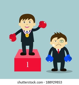 Vector Illustration Of Cartoon Character: Winner And Loser In Boxing Match Of Businessman. 