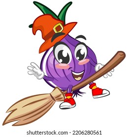 vector illustration of cartoon character of witch onion flying with her magic broom