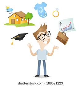 Vector illustration of a cartoon character: Young adult with future plans and opportunities, career, family, home icons.