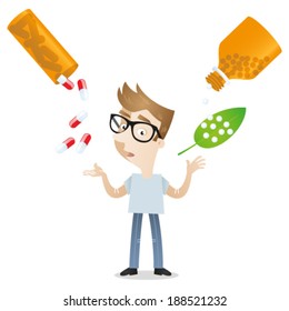 Vector illustration of a cartoon character: Young man weighing up academic medicine and homeopathy, alternative treatment.