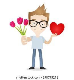 Vector illustration of a cartoon character: Young man smiling and holding bouquet of flowers and heart.