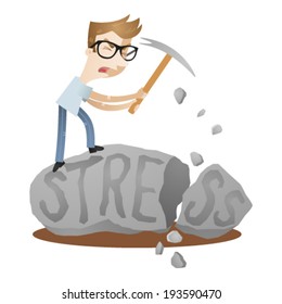 Vector illustration of a cartoon character: Young aggressive man standing on a rock labeled stress, smashing it with an ice ax.