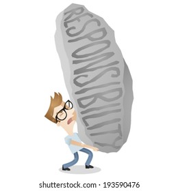 Vector illustration of a cartoon character: Young man lifting huge rock labeled responsibility.