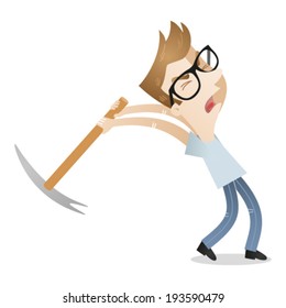 Vector illustration of a cartoon character: Young man screaming aggressively and swinging an ice ax.