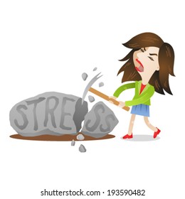 Vector illustration of a cartoon character: Young woman smashing rock labeled stress with an ice ax.