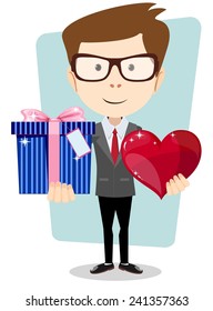 Vector illustration of a cartoon character, Young man smiling and holding gift and heart.
