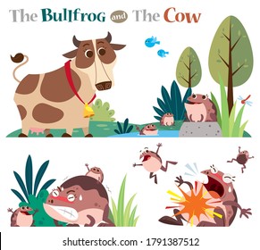 Vector Illustration Of Cartoon Characters The Bullfrog And The Cow. Fairy Tale.