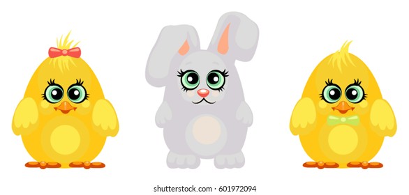 Vector  illustration cartoon characters chicks and rabbit