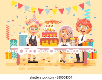 Vector illustration cartoon characters children, friends, boy and two girls celebrate happy birthday, congratulating, giving gifts, huge festive cake with candles flat style on beige background