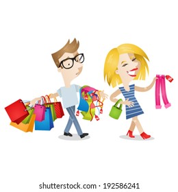 Vector illustration of cartoon characters: Couple shopping clothes; happy girl picking out clothes, boyfriend/husband carrying bags looking fatigued and bored.