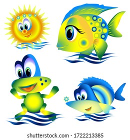 
Vector illustration of cartoon characters. Element for your design. Isolated objects. Fish, the frog and the sun.