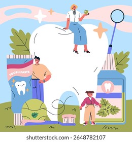Vector illustration of cartoon characters engaging with dental care items, including toothpaste, mouthwash, and a large tooth. One character holds an apple, promoting oral health.