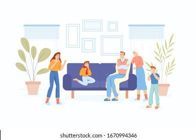 Vector illustration. Cartoon characters. The family is sick. Mom coughs. Grandfather has chills. Grandma take care. Daughters sore throat. Son runny nose. Virus concept. Flat style design.Living room.