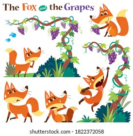 Vector Illustration of Cartoon characters The Fox and the Grapes. Children's Fairy tale.