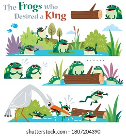 Vector Illustration of Cartoon characters The frogs who desired a king. Children's Fairy tale.