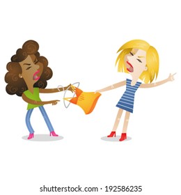 Vector illustration of cartoon characters: Girlfriends fighting over clothes, shopping item.