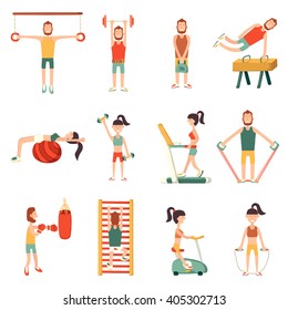 Vector illustration with cartoon characters and gym equipment. Vector indoor activity lifestyle. Cartoon fitness objects. People do exercise. Vector man and woman with cartoon sport equipment