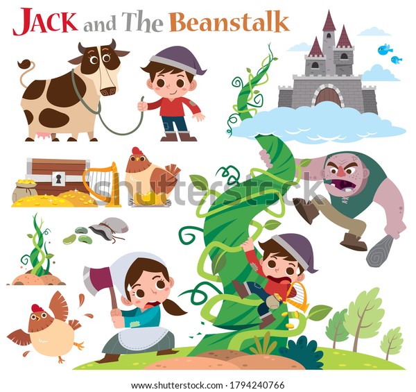 Vector Illustration of Cartoon\
characters Jack and the beanstalk. Fairy tale characters\
set.