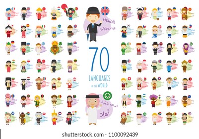 Vector illustration of cartoon characters saying hello and welcome in 70 different languages of the world