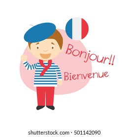 Vector illustration of cartoon characters saying hello and welcome in French
