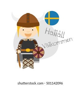 Vector illustration of cartoon characters saying hello and welcome in Swedish